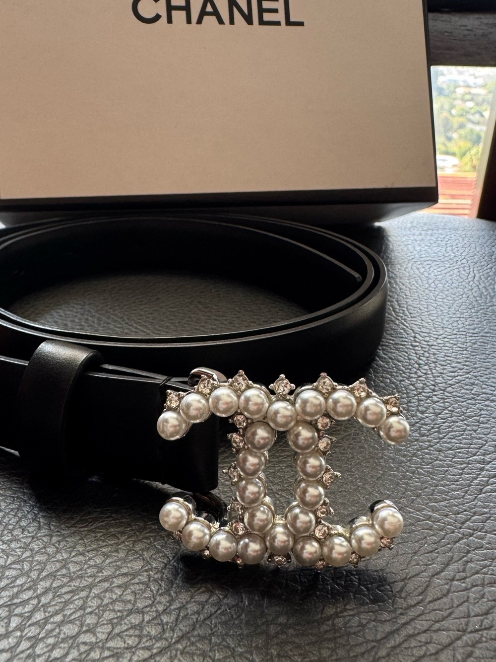 Black Leather Belt with Pearl & Rhinestone Accent Interlocking Buckle Women